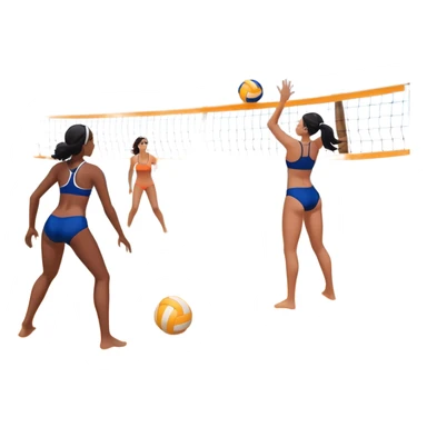 A volleyball resting on the orange sand of a beach, with a volleyball net in the background. The scene includes a beautiful beach landscape with blue sea, sky, and palm trees, while a couple of women in swimsuits play in the distance, capturing the relaxed yet competitive vibe of beach volleyball. sticker
