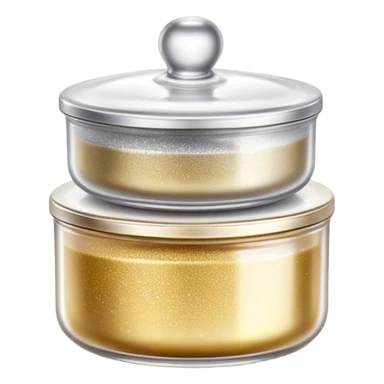 Cinematic Realistic Glitter Jars, elegant glass containers filled with ultra-fine shimmering gold and silver dust, light catching the tiny specks in a mesmerizing glow, slightly open lids revealing the rich, sparkling texture inside, set against a softly blurred background, radiating a sense of enchantment and wonder. sticker