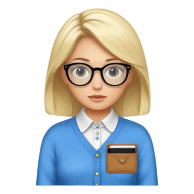 ragazza bionda vestita con camicia e maglione, con occhiali, occhi azzurri che è seduta al pc portatile sticker