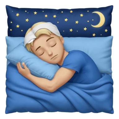 A young muscular male with short dark-blonde hair and medium-light skin, wearing blue cloth. He sleeps on his side, holding a soft white pillow, his head on a smooth blue pillow. A sleeping symbol floats above him in the dark, nighttime scene. A flowing blue blanket with silky folds covers him. sticker