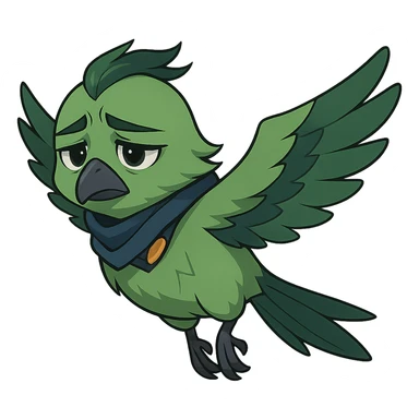 anime style green bird inspired by Valorant agent Falko, flying and looking sad sticker