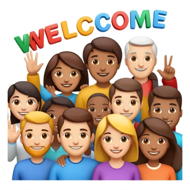 generate realistic detailed group of people with text welcome 3d style sticker
