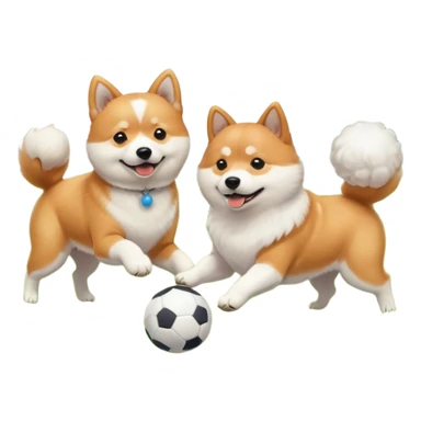 2 dogs, one ginger shiba inu and one white coton de tulear, playing with a ball in a sunny garden sticker