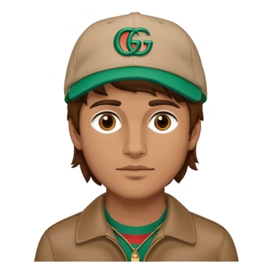 man with medium-length brown hair, wearing a Gucci cap sticker
