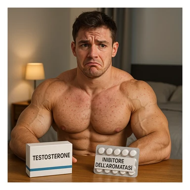 muscular young man with a box labeled 'Testosterone' and a package labeled 'Inibitore dell'aromatasi' on table, all text in Italian, uncertain expression, swollen muscles but marked skin, bedroom background, 4K quality sticker