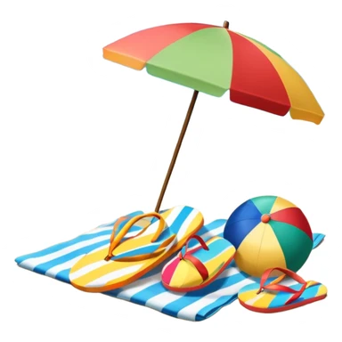 Icon for Beach Tourism: a sandy beach with a beach umbrella, with the ocean landscape in the background, flip-flops, a towel and a beach ball. The icon should capture the relaxation and fun of beach vacations. Transparent background. sticker