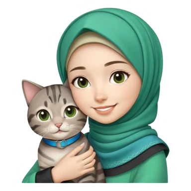 Asian White girl wearing cute green hijab holding a black grey tabby cat while smiling. The cat is wearing a blue collar sticker