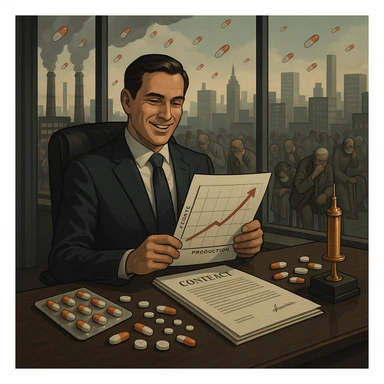 semi-realistic, dark corporate tone, metaphorical and critical atmosphere; a modern pharmaceutical executive in a luxury office overlooking a city filled with sick patients; he is smiling while reviewing charts showing profits rising as pill production increases; on his desk are pills, contracts, and a golden syringe as a trophy; in the background, factory chimneys emit capsules instead of smoke sticker