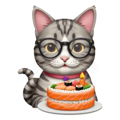 cat with cool glasses eating a birthday cake made out of sushi sticker