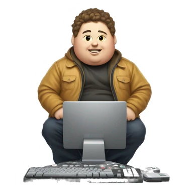 Fat kid in jacket playing on his gaming computer  sticker