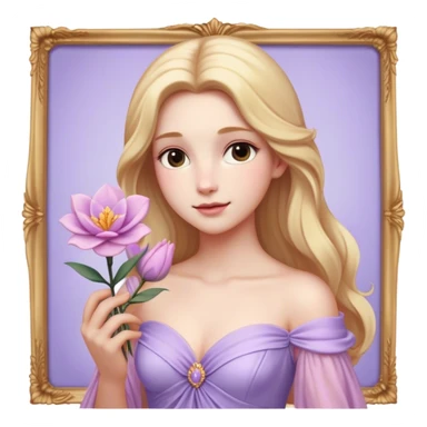 Cinematic Realistic Rapunzel Portrait, with porcelain-like skin featuring a subtle, natural glow, illuminated by soft lighting that brings out the gentle contours of her face. Her long, golden blonde hair cascades in detailed waves, each strand highlighted with a radiant shimmer as it catches the light. She playfully holds a flower in one hand, her other hand resting casually in her lap, with a warm and spirited expression. Her bright, expressive green eyes exude curiosity and warmth, framed by delicate lashes and soft, arched brows. She is dressed in her classic lavender and pink gown, the fabric textured with delicate folds that flow naturally, catching the light with a soft, radiant glow. The portrait captures a luminous, enchanting aura, seamlessly blending realism with a whimsical, fairytale charm, evoking a timeless sense of beauty and magic. sticker