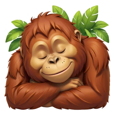 Meme-Worthy cute Sleeping Orangutan Portrait Emoji, Head resting peacefully with a contented smile, showcasing luxuriously soft fur and eyes gently closed in serene slumber, Simplified yet comically adorable features, highly detailed, glowing with a soft, drowsy jungle light, high shine, relaxed and utterly lovable, stylized with an air of playful laziness, bright and heartwarming, soft glowing outline, capturing the essence of a sleeping orangutan that feels destined to become the next viral icon of adorable rest! sticker