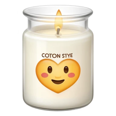 minimal flat emoji of a white scented candle in a glossy white glass jar with the label “cotton”, soft warm glow, clean vector style, elegant and modern, transparent background lux style sticker