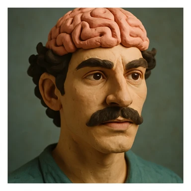 Enhance the claymation man wearing a brain by adding more depth and dimension to the image. Make him more attractive, inspired by the first version, with dark curly hair, thick mustache, light skin, claymation style, visible fingerprints, and pastel colors. sticker