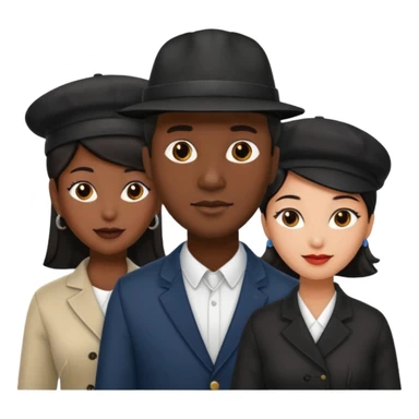 Black man with fitted hat on  with two women one black one Chinese  sticker