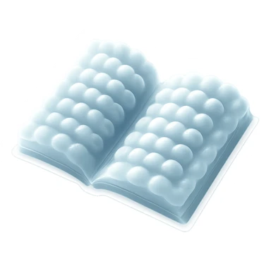 thick open book top view, fully made of small very bright white fluffy convex clouds, matte glass style, no background sticker