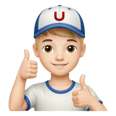 cute boy with a baseball cap that has thumbs up sticker