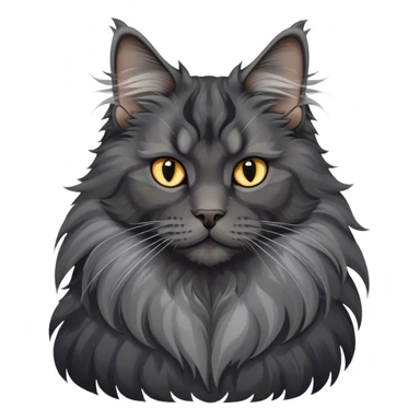 Portrait of a black smoke Maine Coon cat with long grey ear tufts and a large grey ruff around its neck. The cat has a majestic expression, with fluffy fur and striking eyes. Transparent background. sticker