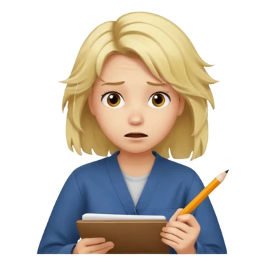 young blonde disheveled hair woman is writing an exam in panic sticker