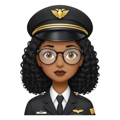 femme pilote d'avion en uniforme noir aux cheveux bouclés noir et petites lunettes arrondis identique avec des cheveux très long et la peau noir mais légèrement plus claire  sticker