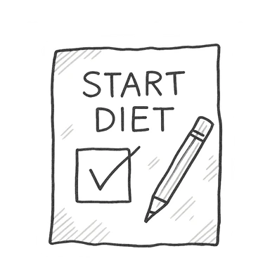 step iniziale di una dieta, disegno a penna stile schemino su un foglio di carta bianco realistico, isolato su sfondo bianco sticker