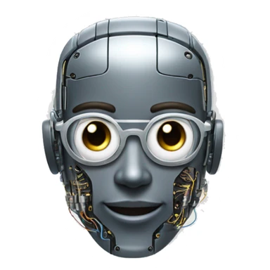 Robotic Cyborg head with fair skin, flat top haircut, rectangular glasses, circuits and smiling  sticker