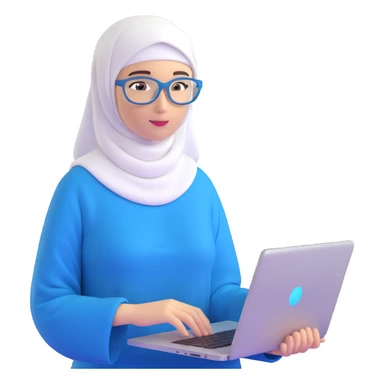 computer engineer with white hijab wearing blue outfit, presenting her metaverse creation with a large digital screen behind her displaying virtual worlds and code, laptop open in front of her showing programming interface, AR glasses, professional stance sticker