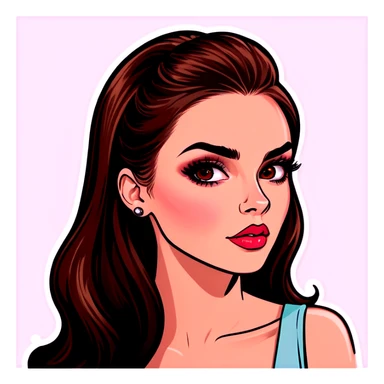 brown hair / black eyes / sharp jawline / pretty nose/big lips /long lashes/with full make up / hair is a little long  sticker