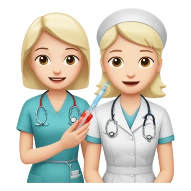 Create a cute, funny sticker-style story in a cartoon illustration.
Scene sequence shows a nervous patient getting an injection from a kind nurse.
 sticker