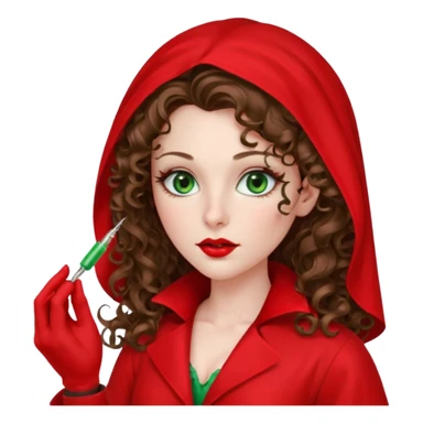 Spanish sexy evil woman. She has green eyes.  had brown long curly hair.  evil surgeon kills with needle wears red sexy doctor coat with red Juliet veil on her mouth and nose to hide and wearing red gloves.  sticker