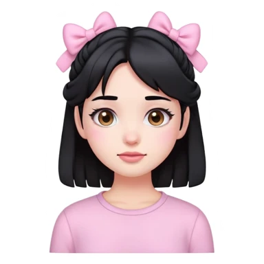 a pretty emoji girl with black hair wearing light pink clothes, cutecore style, with light pink clips in her hair sticker