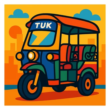 tuk tuk transport, vibrant and colorful, cartoon style sticker
