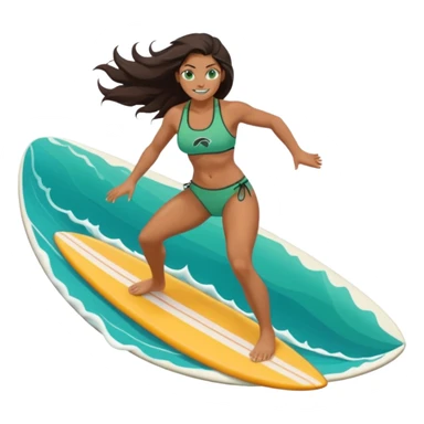 rk female surfer riding big turquoise wave, muscular green body, fierce tusked grin, sporty bikini top and board shorts, long windswept dark hair, focused eyes, surfboard under feet, minimal ocean and sky background, centered emoji, vibrant summer colors, sticker style sticker