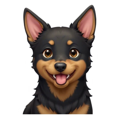 Cinematic Cute Yawning Black and Tan Kelpie Portrait Emoji, Head tilted slightly with a dramatic, wide-open yawn, showcasing a smooth black Fur with distinct tan accents, floppy ears slightly drooping, round dark eyes barely open in drowsy contentment, Simplified yet irresistibly adorable features, highly detailed, glowing with a soft, cozy glow, high shine, relaxed yet expressive, stylized with a touch of whimsy, bright and endearing, soft glowing outline, capturing the essence of a sleepy yet affectionate herder, so drowsy it feels like it could stretch out of the screen and curl up for a nap! sticker