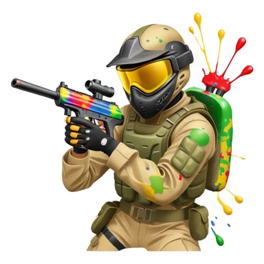 A paintball player in full gear, aiming a paintball gun with focus and determination. The scene includes vibrant splashes of paint and a dynamic battlefield setting, emphasizing action, strategy, and teamwork in a competitive environment sticker