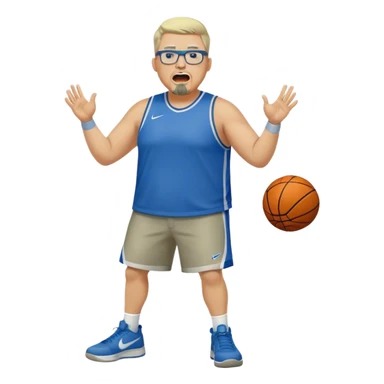 Full Body white male plus size wearing glasses with a goatee with light blonde and gray very short hair yelling basketball head Coach in blue and green wearing Nike  sticker