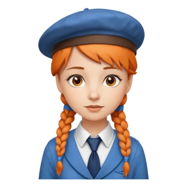 orange braided hair girl, wearing white shir, a brown berret Hat, Blue Necktie sticker