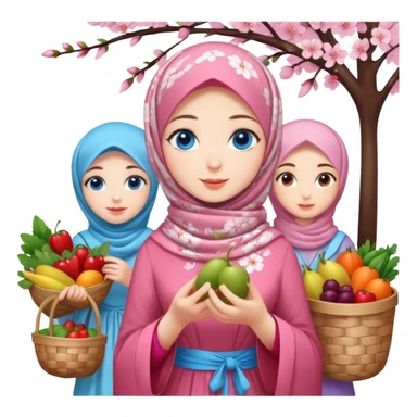 Turkish beautiful finish Konya girls blue eyes with lovely cherry blossom hijab long tail dress and the friends shopping in a market fruits and vegetables  sticker