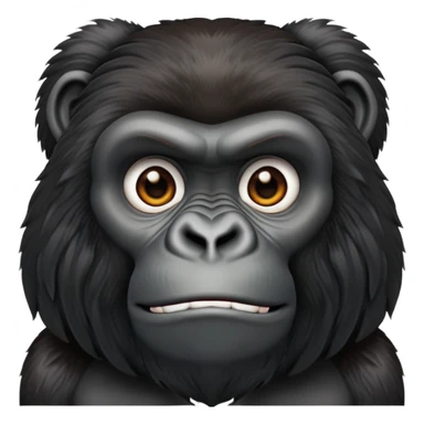 Gorilla face, realistic primate features, dark fur, strong brow ridge, iOS emoji style sticker