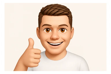 Based on these photos, make an emoji with facial features intact, a man in a white T-shirt, giving a thumbs up and smiling approvingly sticker