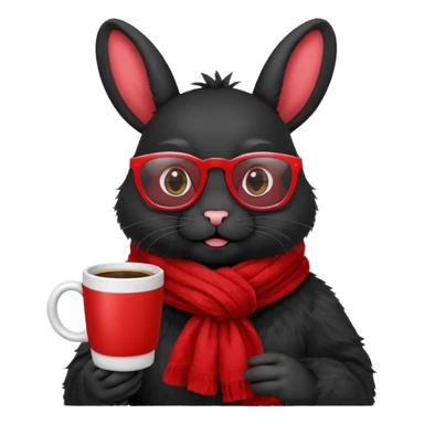 Black rabbit, wearing red glasses, red scarf, holding coffee mug
 sticker