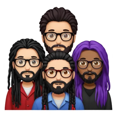 Three people standing together: on the left, a man with long hair, glasses, and a beard; on the right, a man with black dreadlocks with a red accent; in the center, a woman wearing glasses with violet-and-black hair sticker