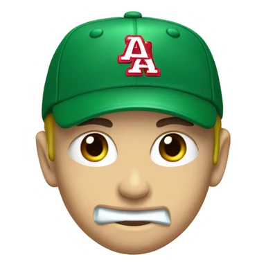 Caucasian Baseball player with red hat and red jersey and green eyes eating cheese sticker