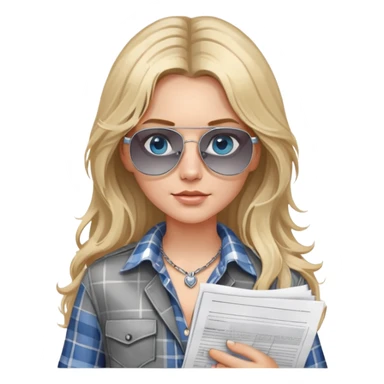 girl with long blond messy hair wearing grey plaid shirt with blue eyes and aviator sunglasses wearing a ring on her silver necklace, holding lawyer papers sticker