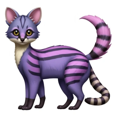Cute elegant hyper-realistic lifelike furry Indigo, purple, violet, pink, Civet-Genet-Possum-Serval-Caracal-Sergal-Trico-Numbat-Furret-fusion-Fakemon-hybrid-creature (full body) with long tufted ears and a striped tufted tail  sticker