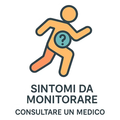 infografica in italiano, figura stilizzata di atleta con simbolo di punto interrogativo nella zona bassa, didascalie Sintomi da monitorare e Consultare un medico, stile educativo, sfondo bianco sticker