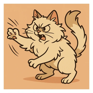 a fluffy cat swatting at something, dynamic pose, cartoon style sticker
