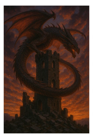 dragon circling a ruined tower at sunset, dramatic fantasy style sticker