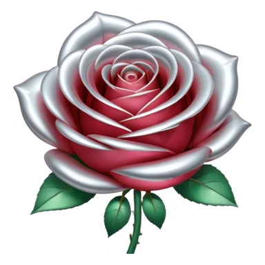 A rose emoji made of liquid silver metal, smooth metallic petals, reflective chrome surface, soft gradients, elegant shape, minimalistic iOS emoji style, centered, clean white background, realistic highlights, no text sticker