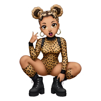 Melanie Brown with her hair in space buns and wearing a tight leopard print bodysuit and black combat boots, she’s showing off her tongue ring sticker